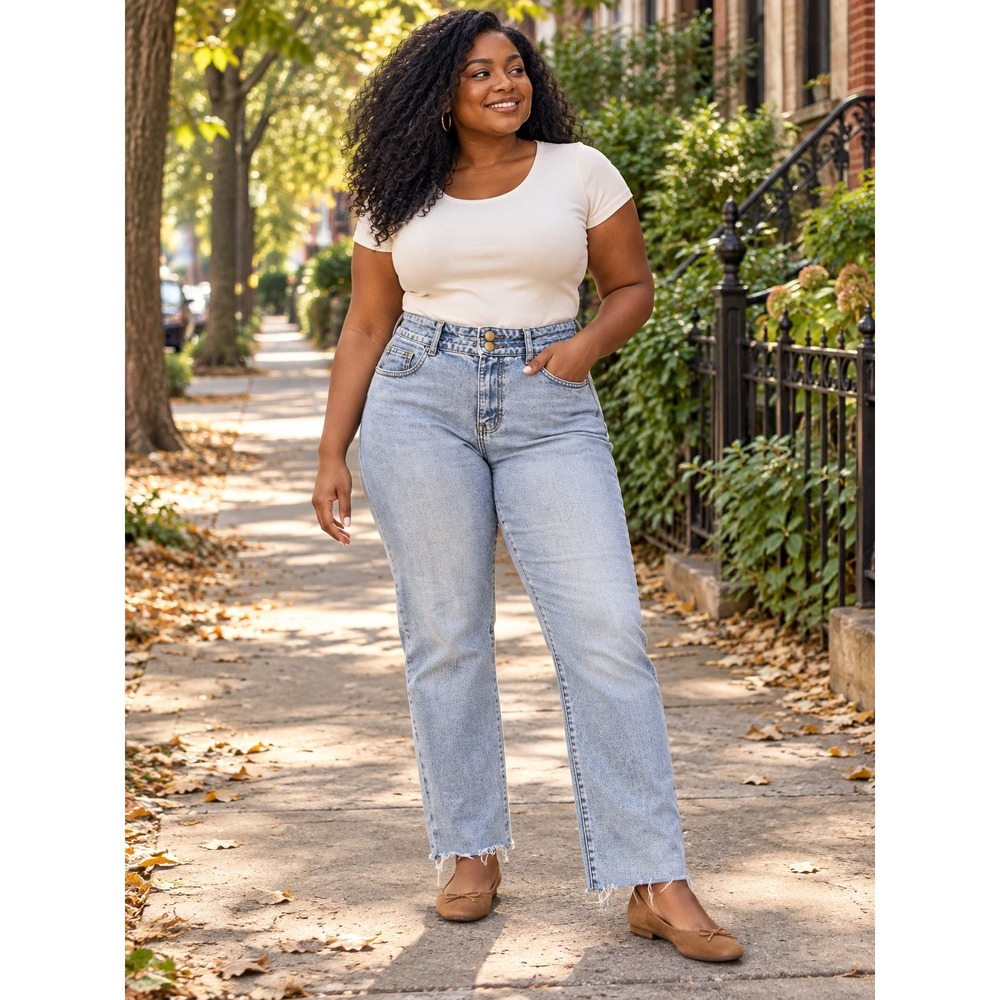 MG Light Wash High Waisted Straight Leg Raw Hem Jeans Size L